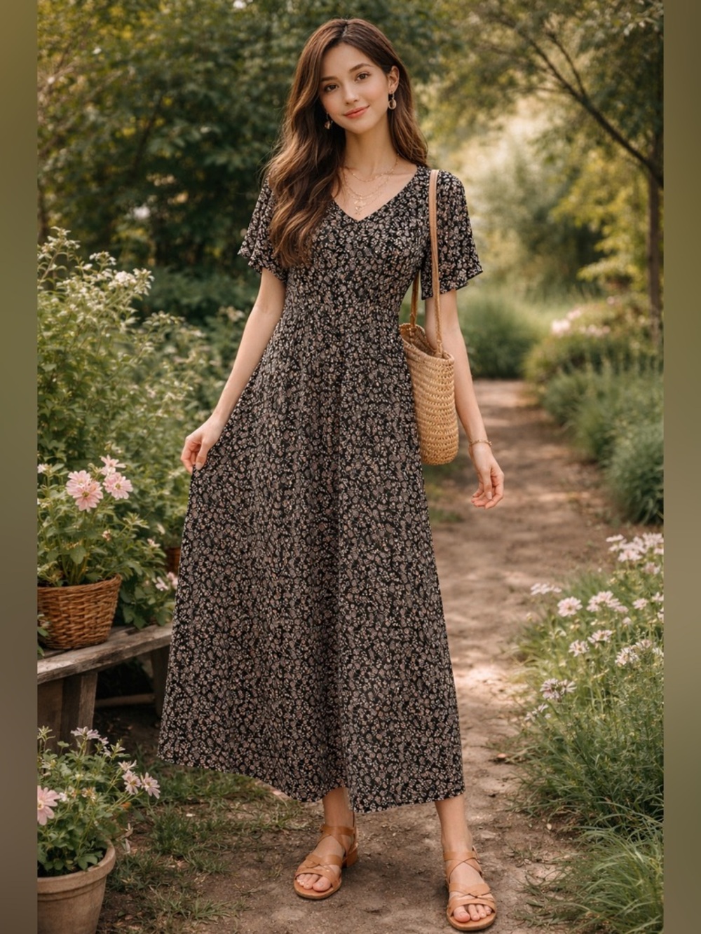 ROOLEE Dark Floral Maxi Dress Sz Med Black Prairie Cottagecore Garden Party